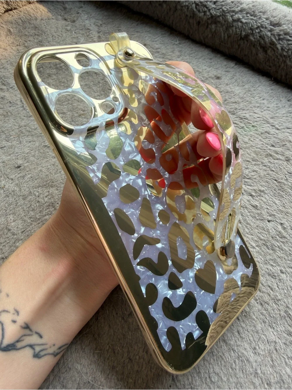 iPhone 13 Pro Max Gold Accent Clear Leopard Phone Case with Hand Strap